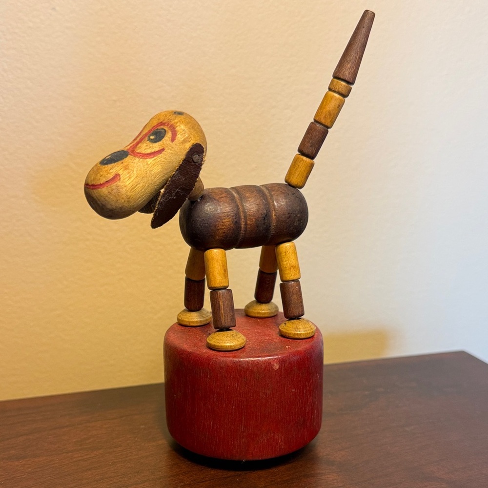 Vintage 30’s / 40’s Wood Dog Push Puppet Leather Ears - Happy the Wonder Dog
